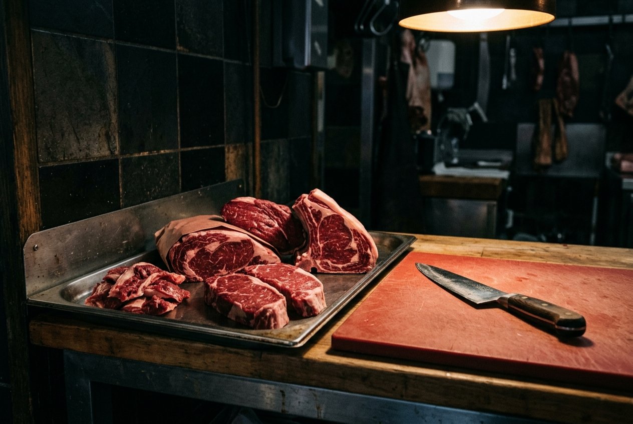 Fresh beef cuts on a tray