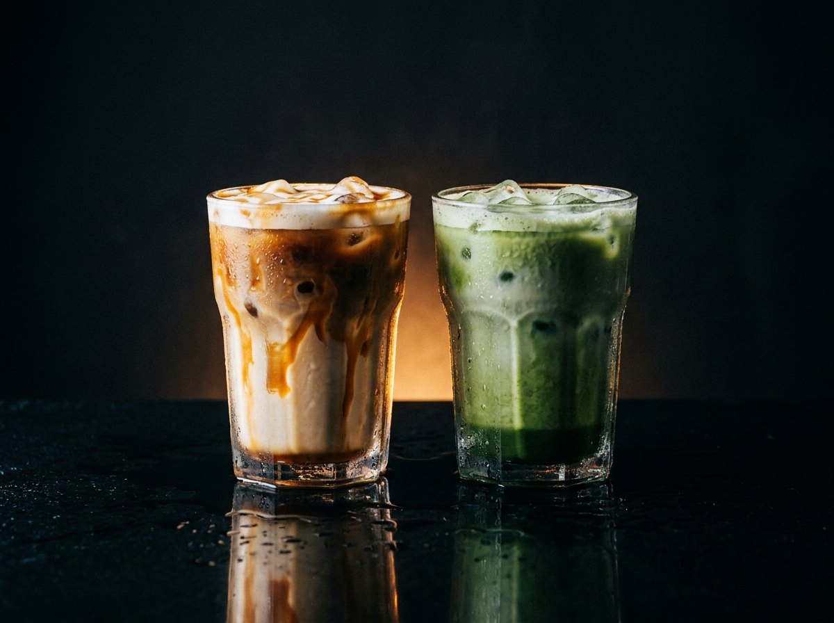 An iced latte and a matcha
