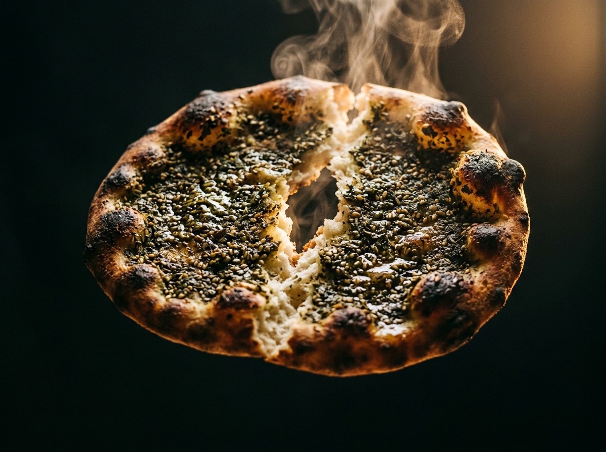 A zaatar pita pie torn open