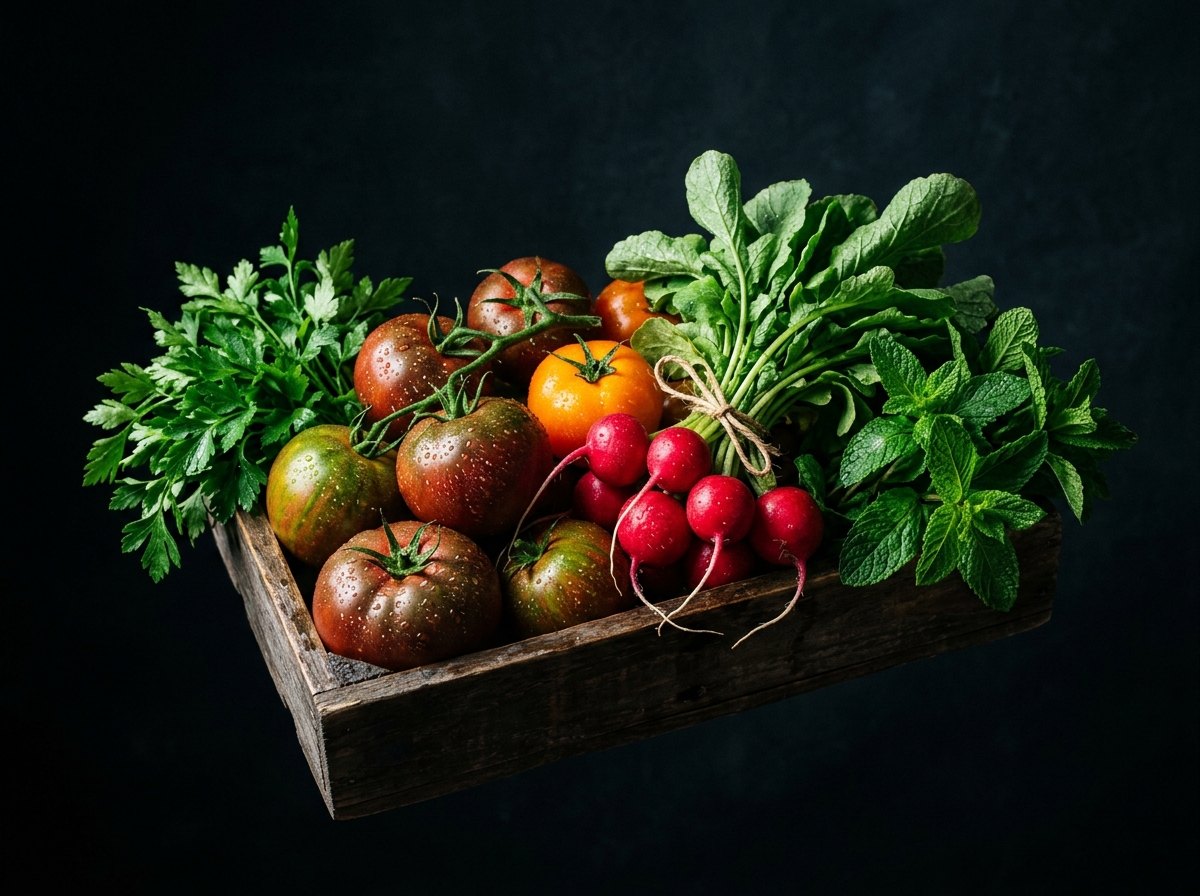 Tomatoes, radishes and herbs