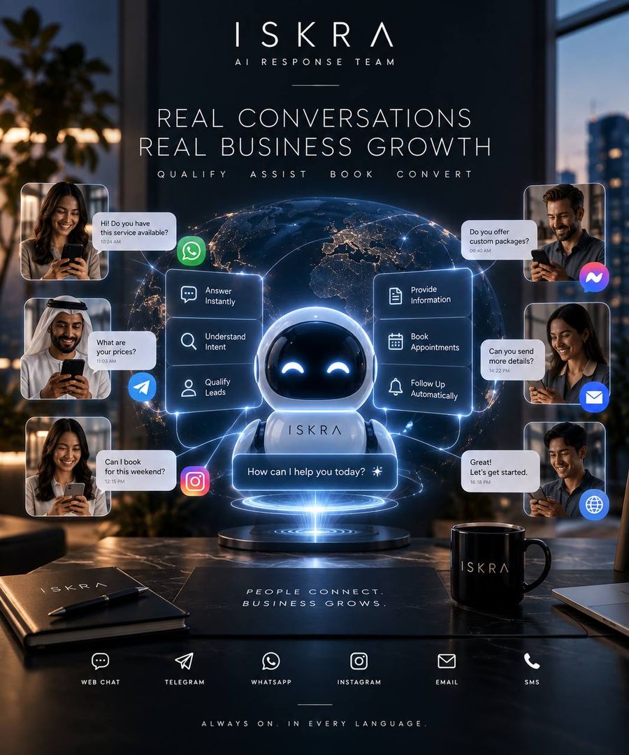 ISKRA AI Response Team: real conversations across web chat, Telegram, WhatsApp, Instagram, email and SMS