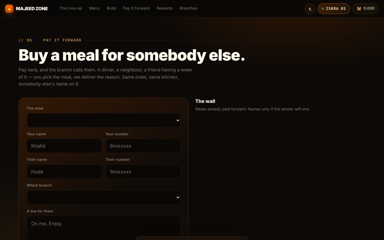 A four-branch restaurant build: ordering, branches and a pay-it-forward wall